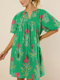 Block Print Floral Puff Sleeve Mini Dress - Green