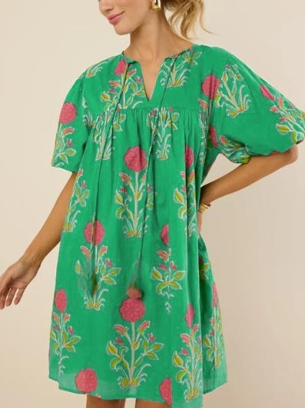 Block Print Floral Puff Sleeve Mini Dress - Green