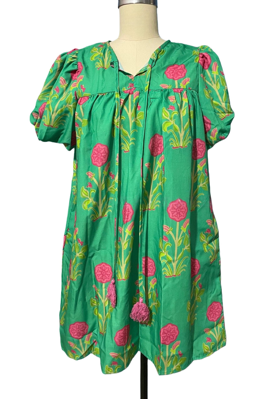 Block Print Floral Puff Sleeve Mini Dress - Green - 1