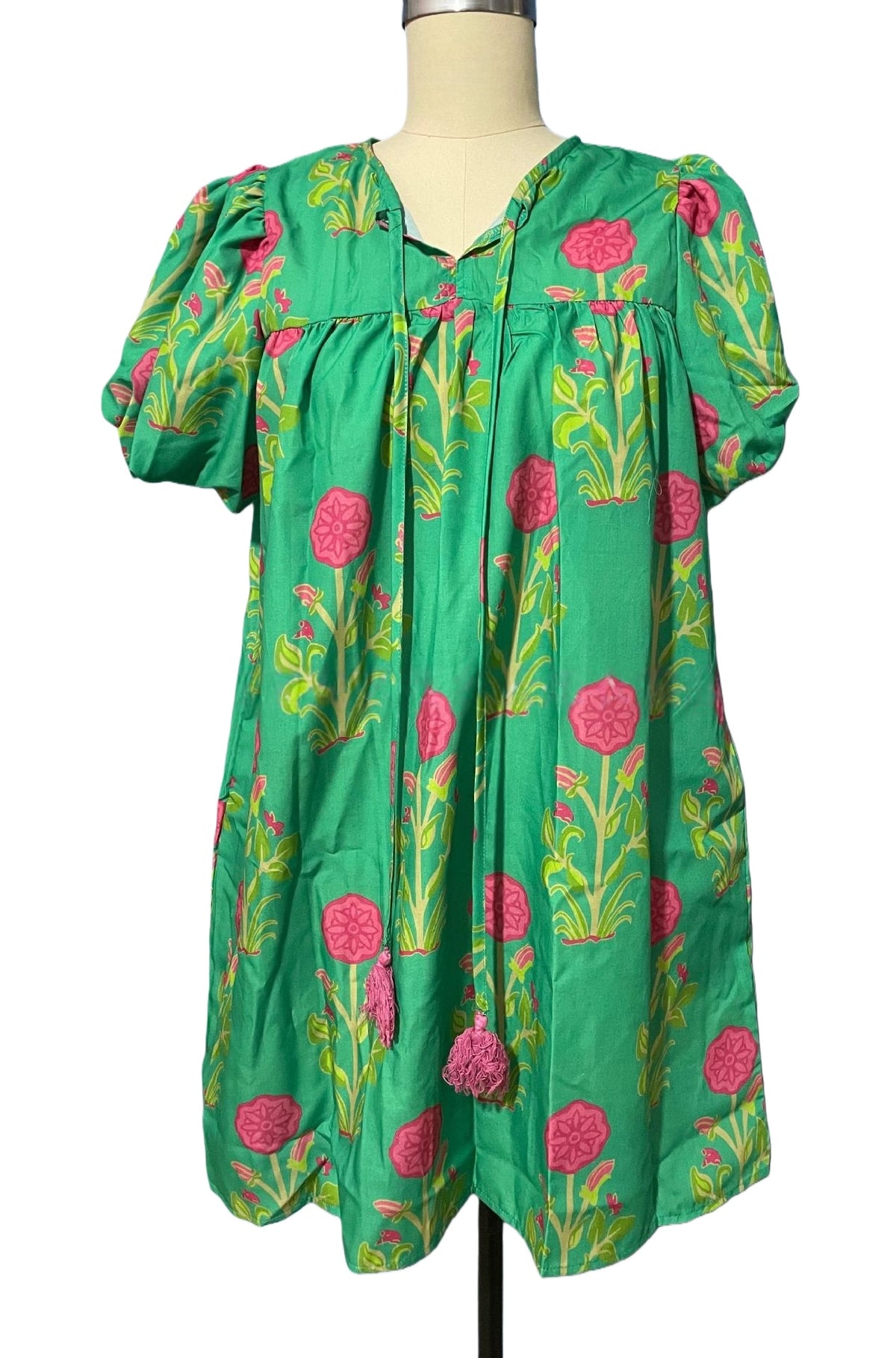 Block Print Floral Puff Sleeve Mini Dress - Green - 1