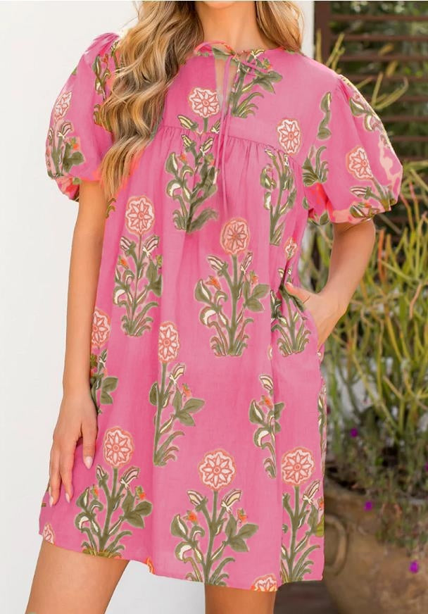 Block Print Floral Puff Sleeve Mini Dress - Pink