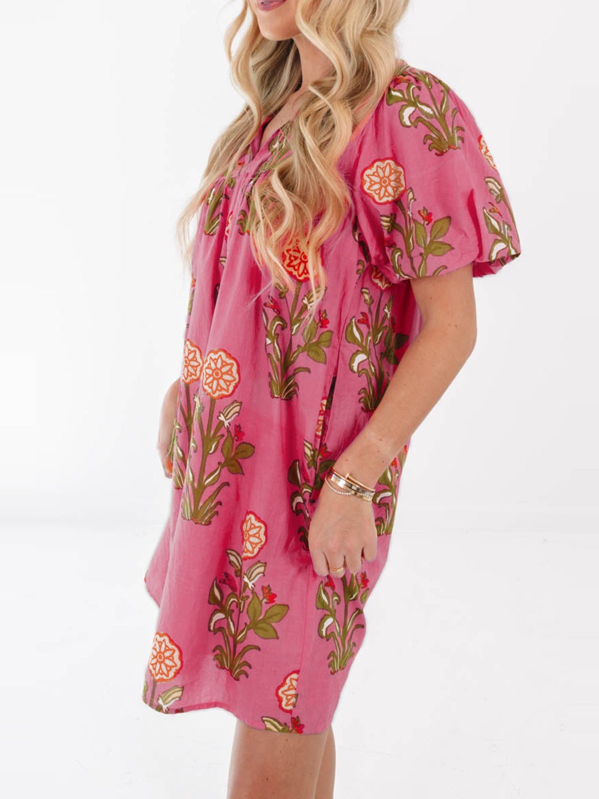 Block Print Floral Puff Sleeve Mini Dress - Pink - 1