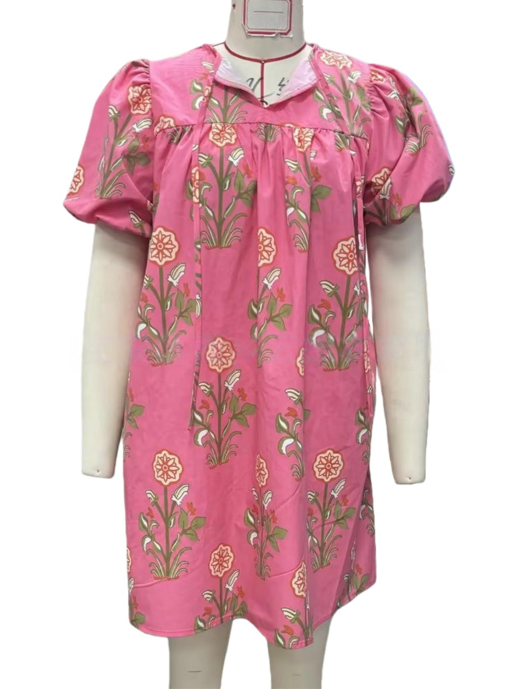 Block Print Floral Puff Sleeve Mini Dress - Pink - 2