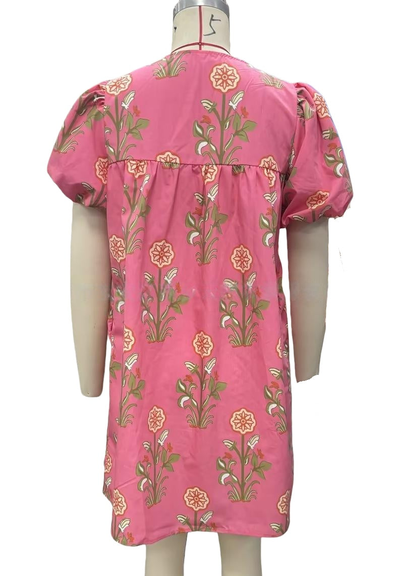 Block Print Floral Puff Sleeve Mini Dress - Pink - 3