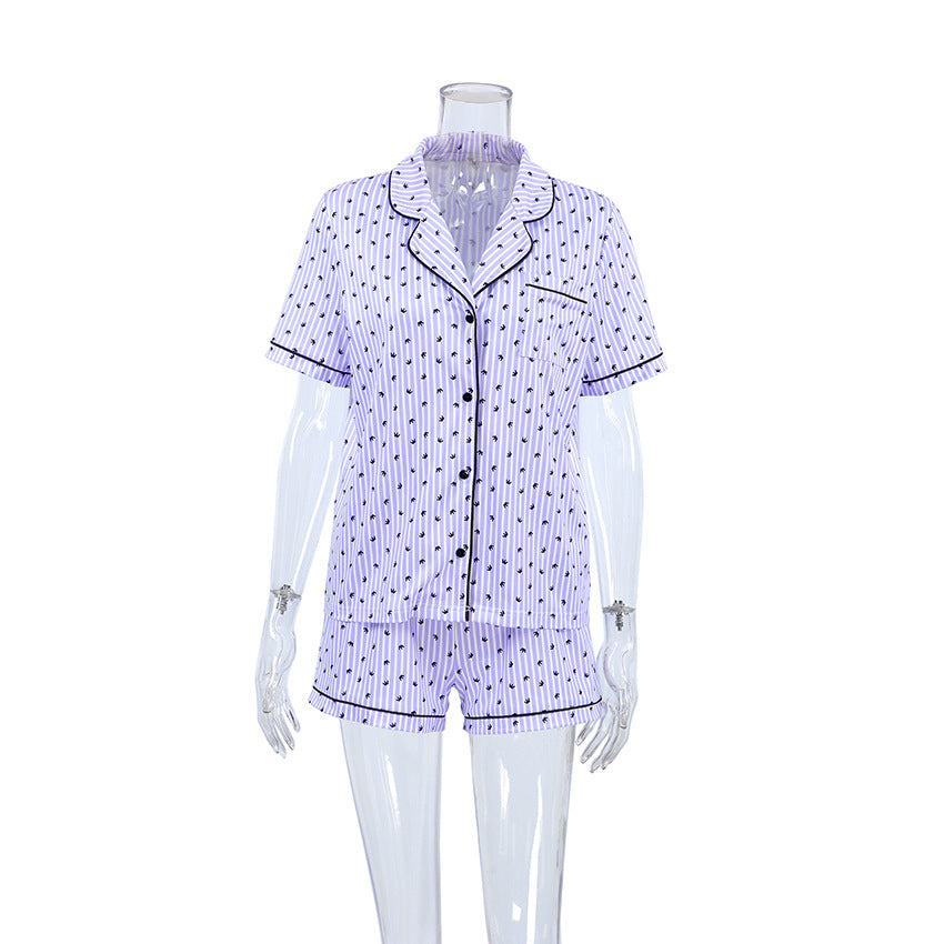 Piped Satin Pajama Shirt and Shorts Set - Purple