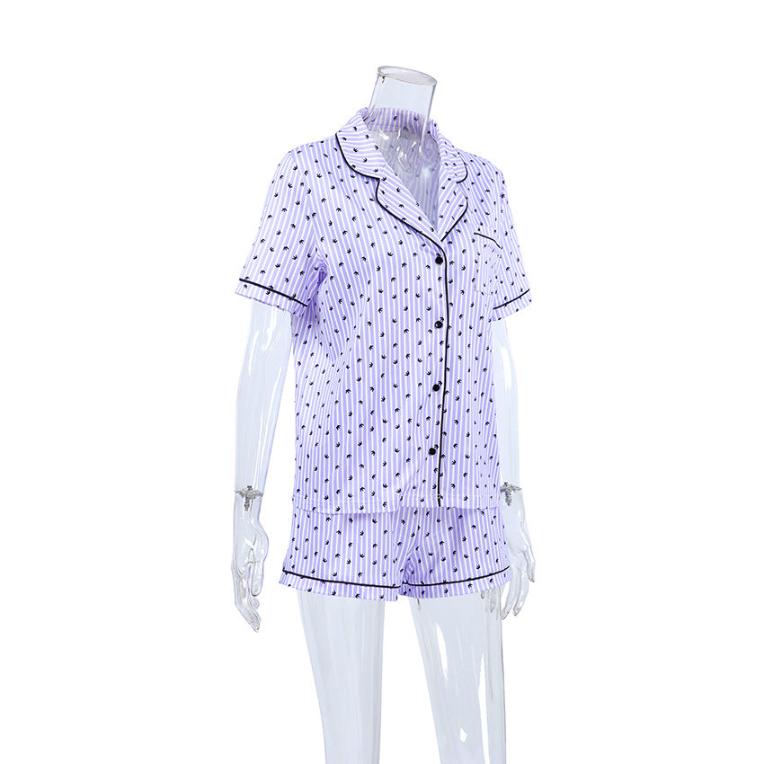 Piped Satin Pajama Shirt and Shorts Set - Purple - 1