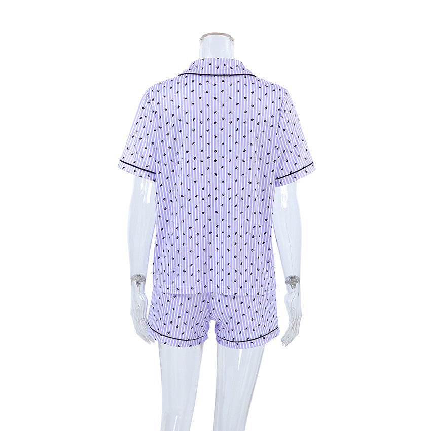 Piped Satin Pajama Shirt and Shorts Set - Purple - 2