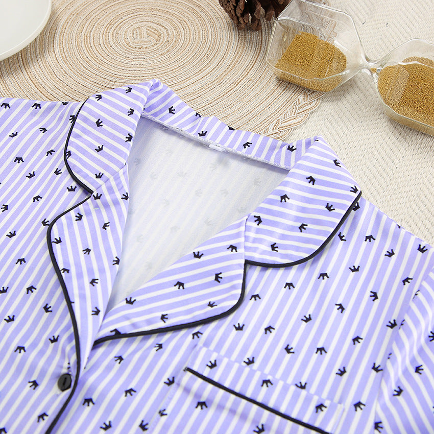 Piped Satin Pajama Shirt and Shorts Set - Purple - 7