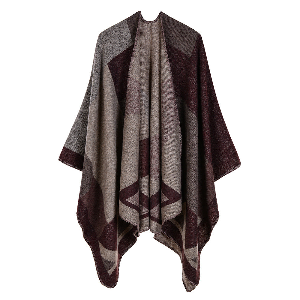 Geometric Colorblock Open Front Ruana Wrap - coffee