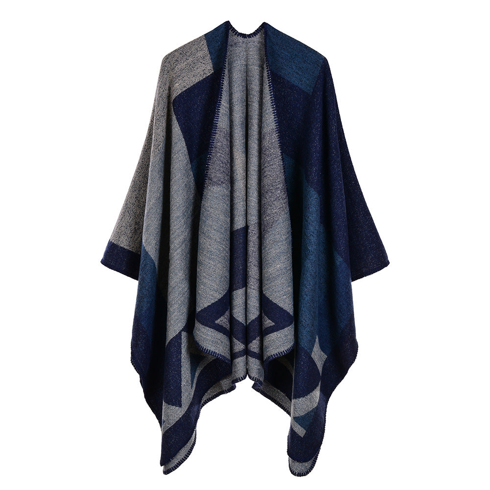 Geometric Colorblock Open Front Ruana Wrap - navy