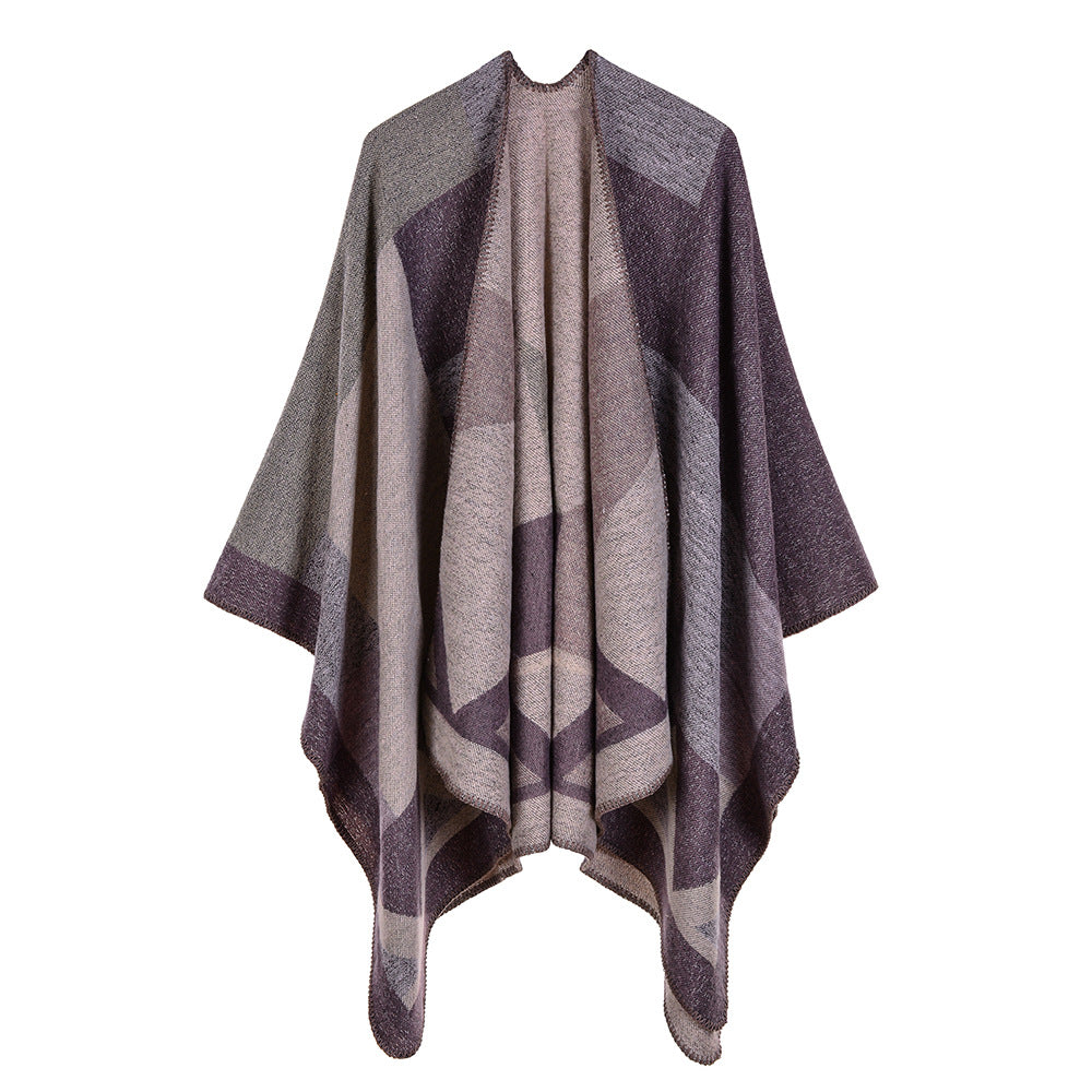 Geometric Colorblock Open Front Ruana Wrap - purple