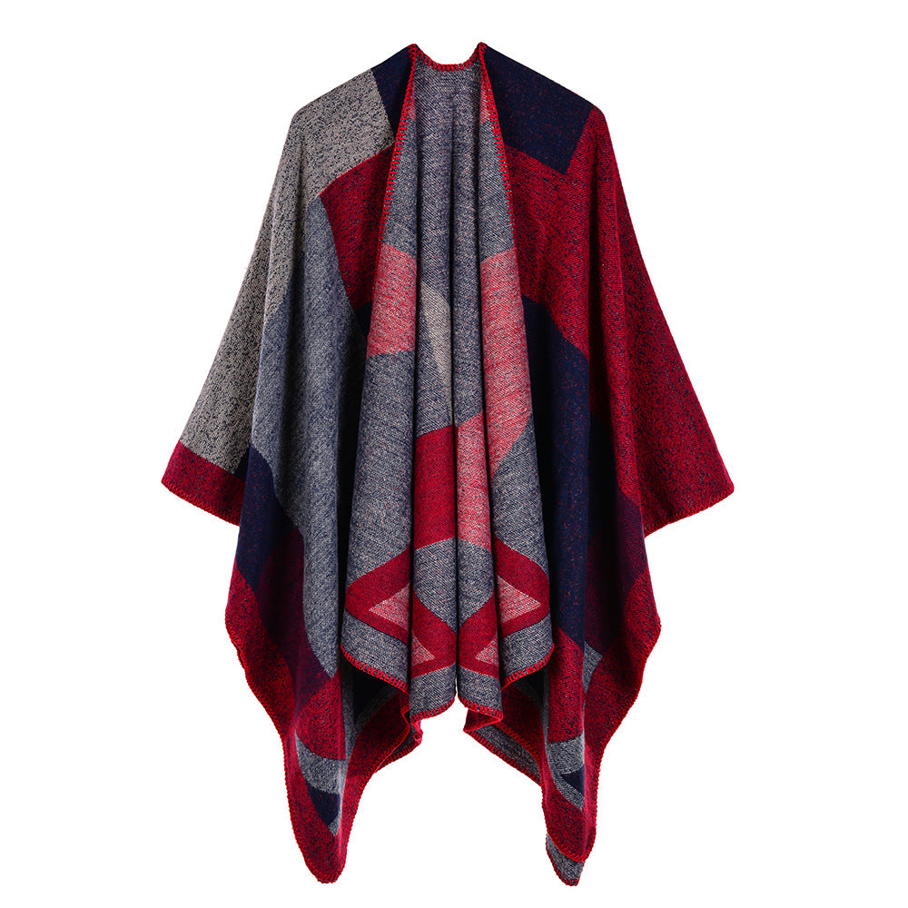 Geometric Colorblock Open Front Ruana Wrap - red - 1
