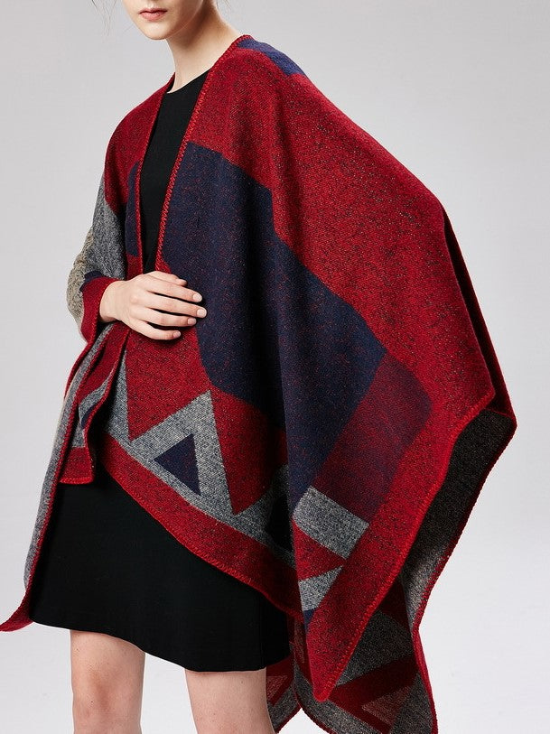 Geometric Colorblock Open Front Ruana Wrap - red - 2