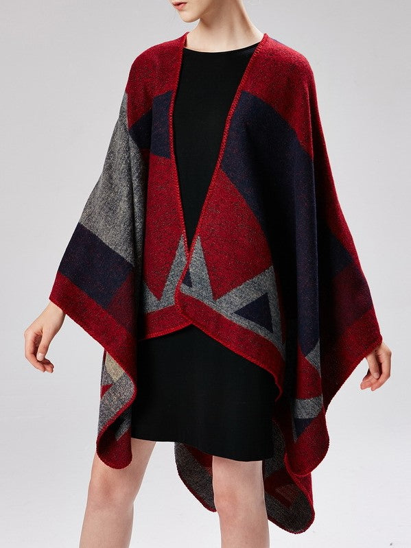 Geometric Colorblock Open Front Ruana Wrap - red - 3
