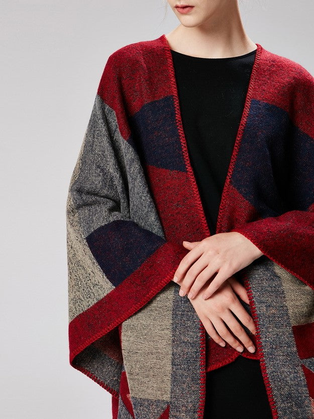 Geometric Colorblock Open Front Ruana Wrap - red - 4