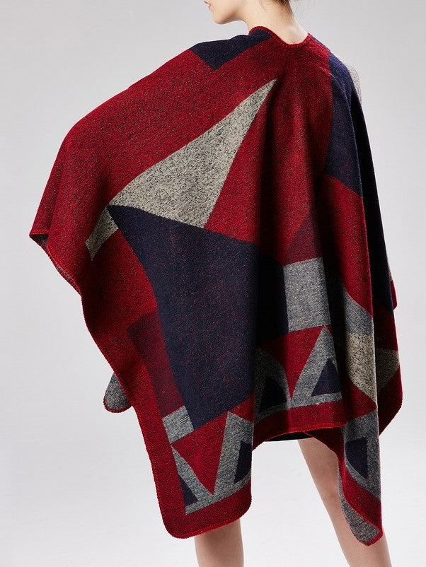 Geometric Colorblock Open Front Ruana Wrap - red - 5