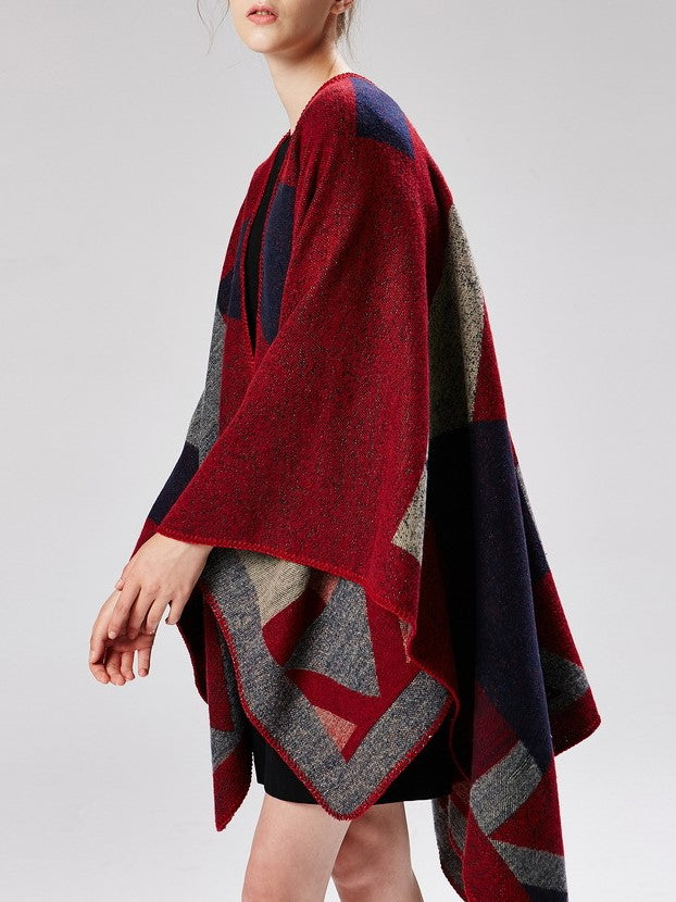 Geometric Colorblock Open Front Ruana Wrap - red - 6