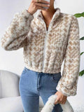 Houndstooth Plush Stand Collar Cropped Jacket - Khaki
