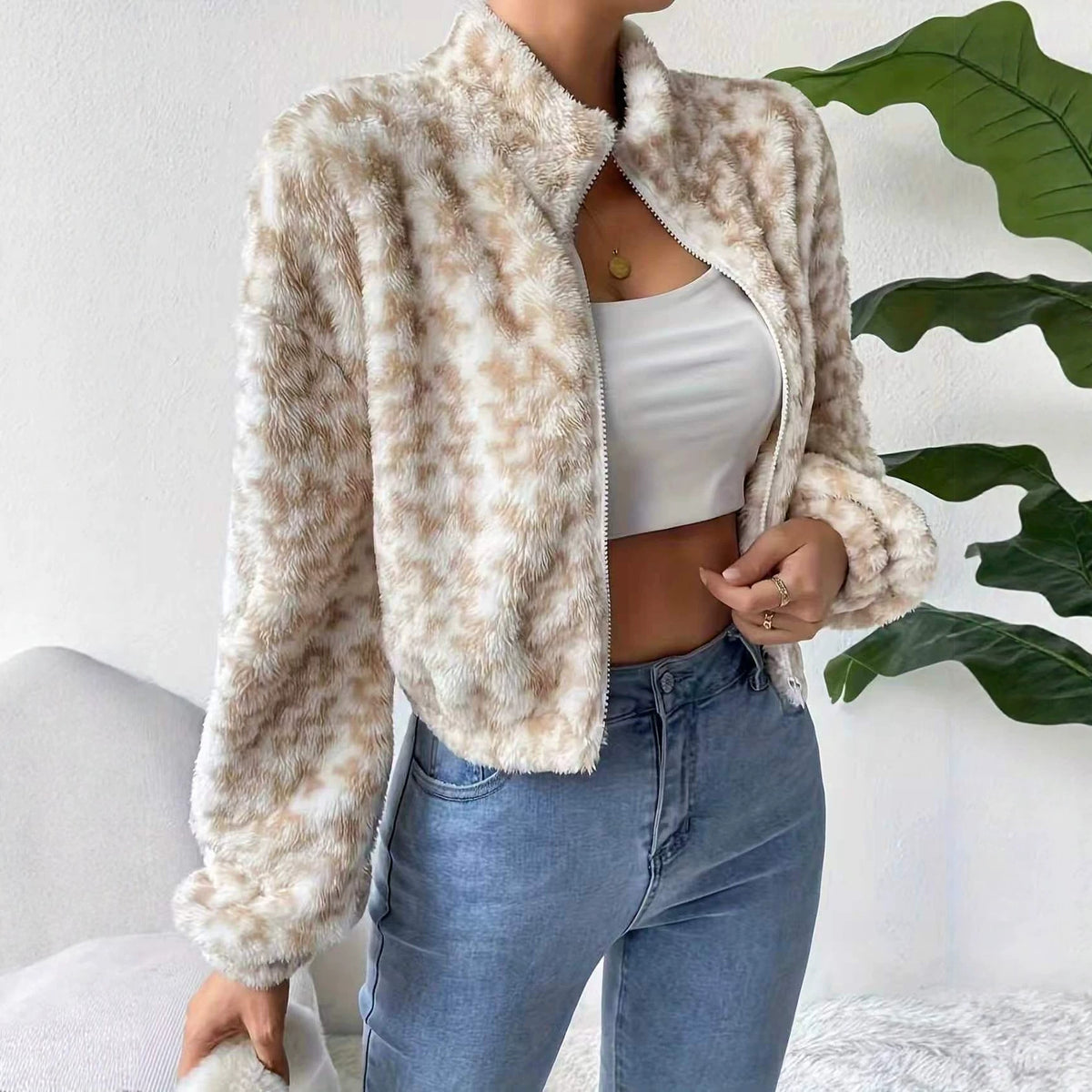 Houndstooth Plush Stand Collar Cropped Jacket - Khaki - 1