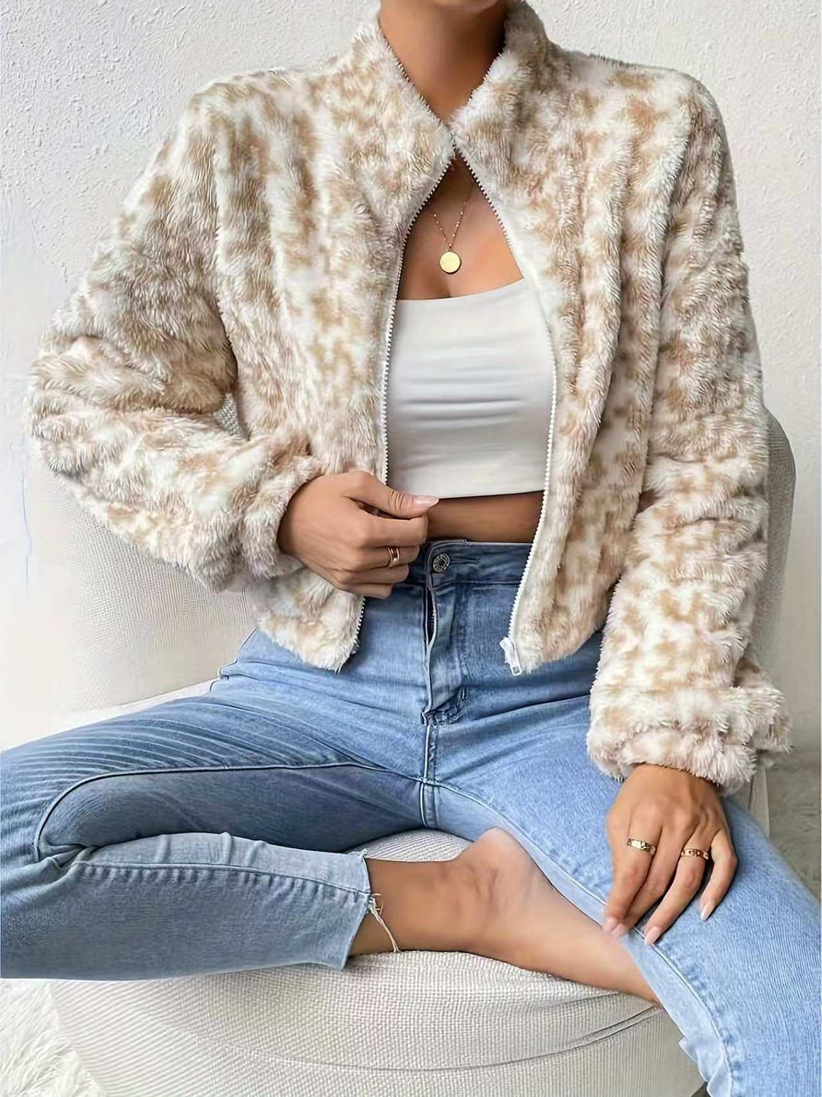 Houndstooth Plush Stand Collar Cropped Jacket - Khaki - 2