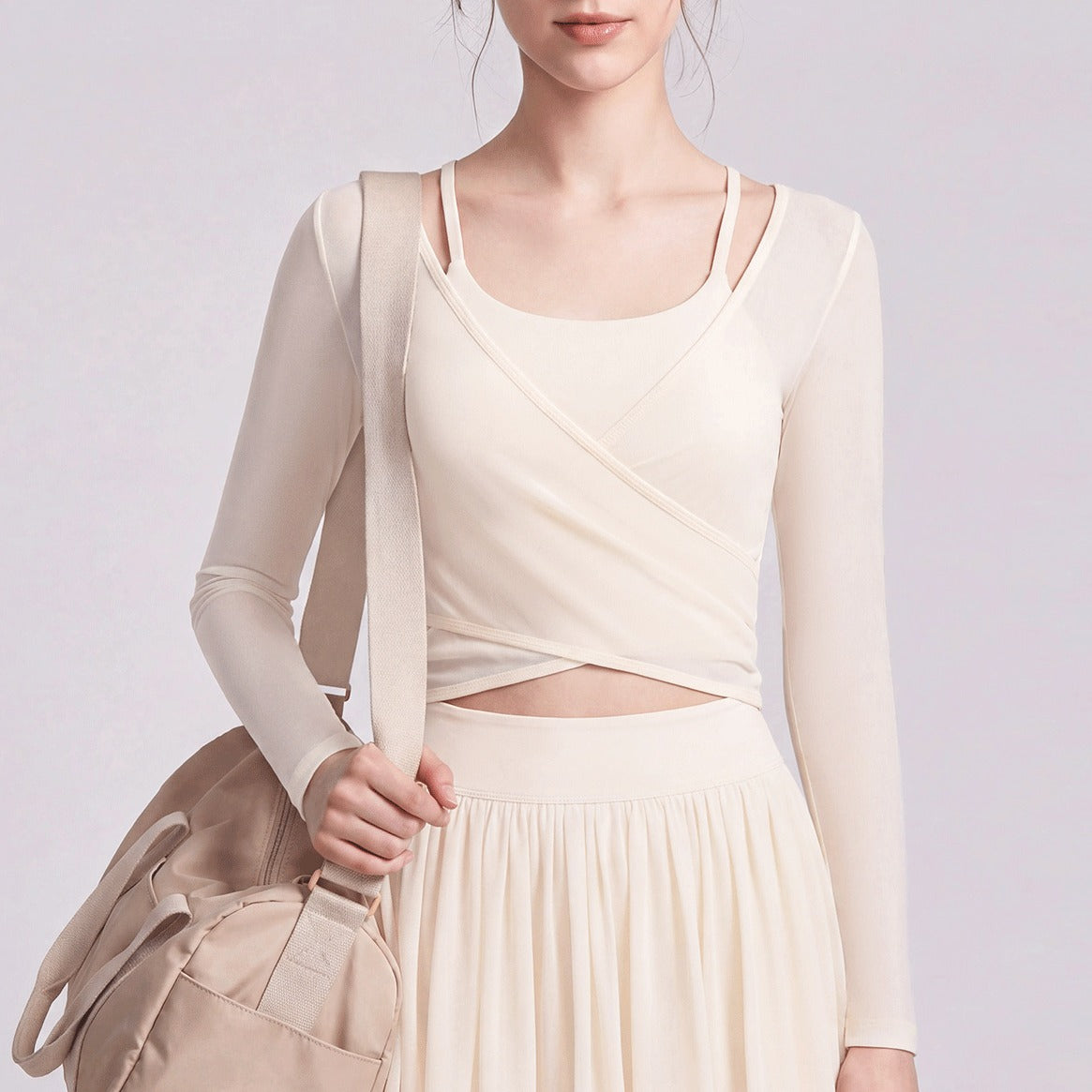 Sheer Mesh Ballet Wrap Long Sleeve Yoga Top - Cream