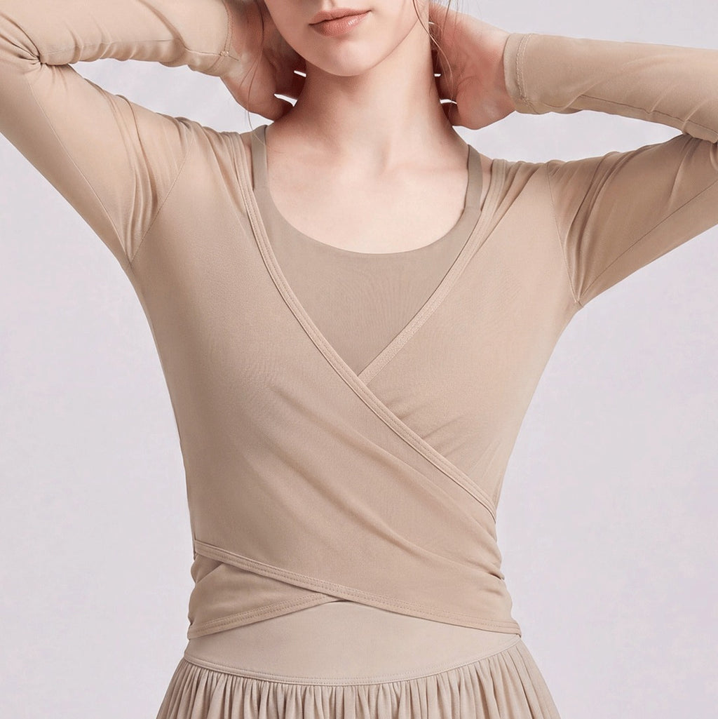 Sheer Mesh Ballet Wrap Long Sleeve Yoga Top