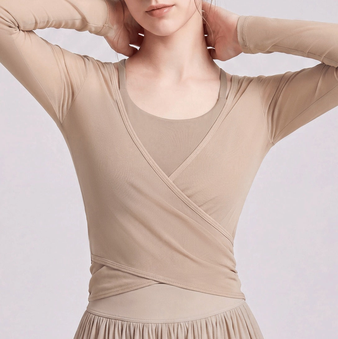 Sheer Mesh Ballet Wrap Long Sleeve Yoga Top
