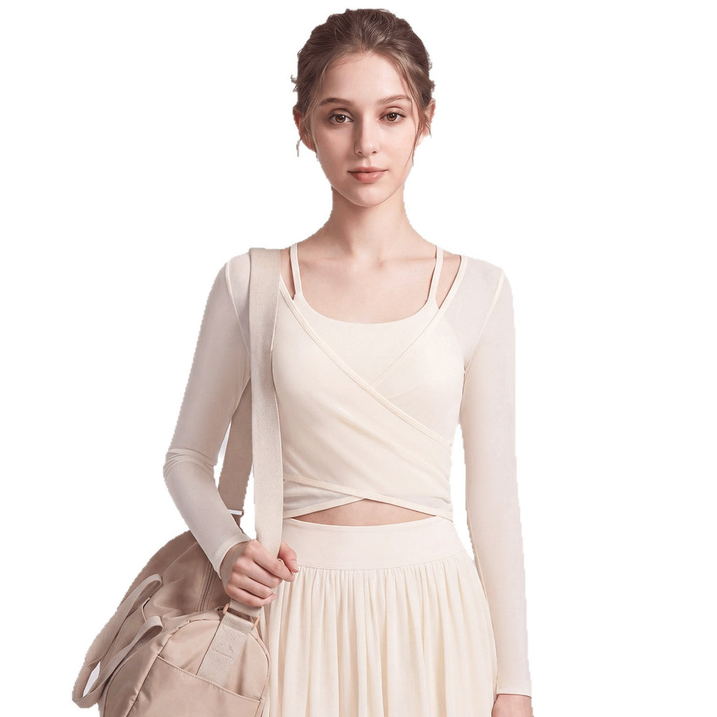Sheer Mesh Ballet Wrap Long Sleeve Yoga Top