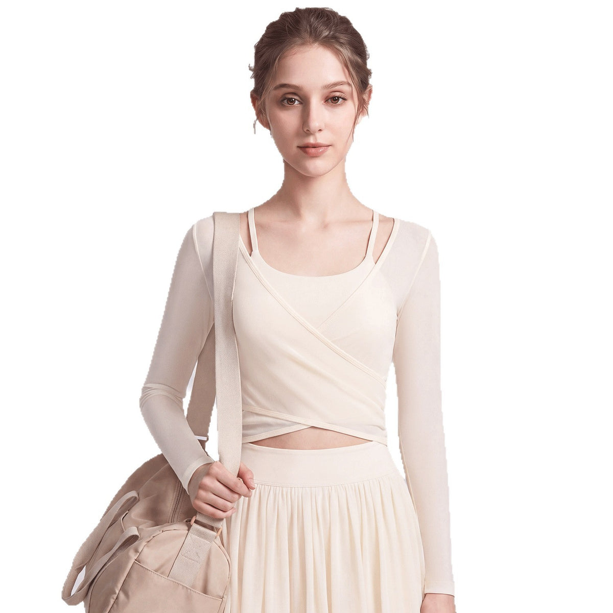 Sheer Mesh Ballet Wrap Long Sleeve Yoga Top