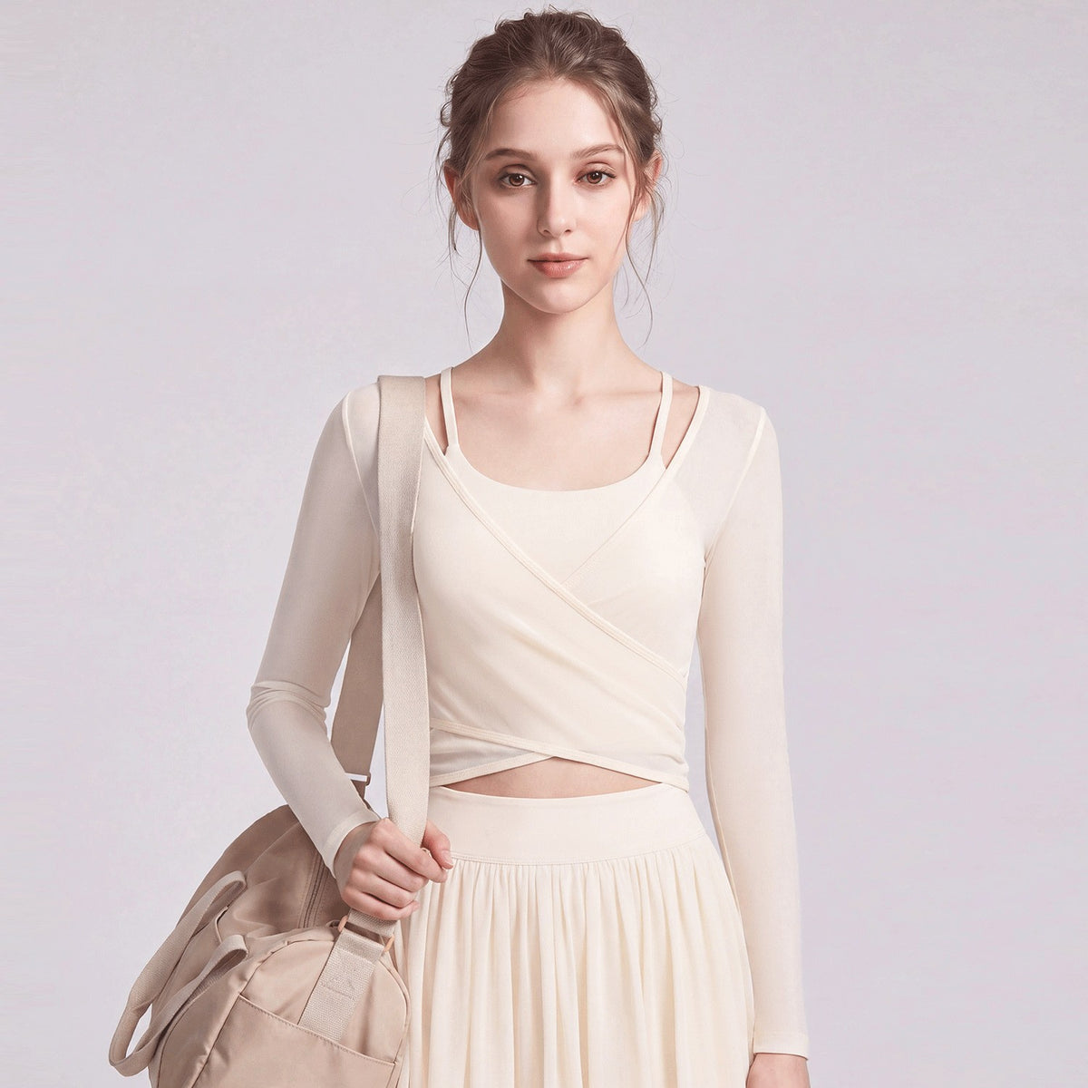 Sheer Mesh Ballet Wrap Long Sleeve Yoga Top