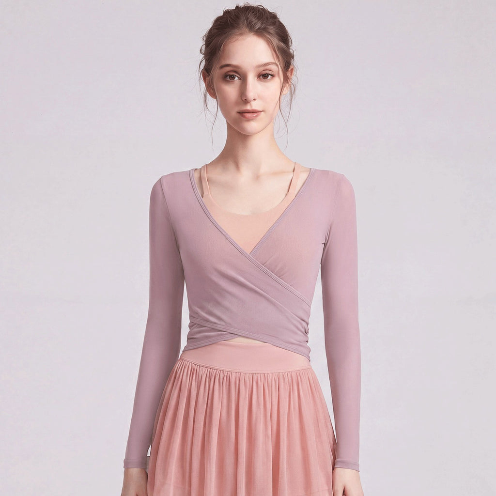 Sheer Mesh Ballet Wrap Long Sleeve Yoga Top