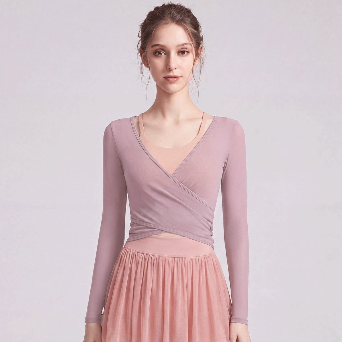 Sheer Mesh Ballet Wrap Long Sleeve Yoga Top