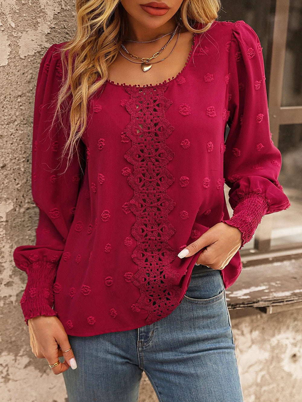 Swiss Dot Lace Panel Puff Sleeve Blouse - Red