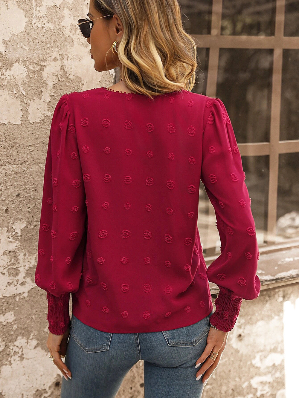 Swiss Dot Lace Panel Puff Sleeve Blouse - Red - 1