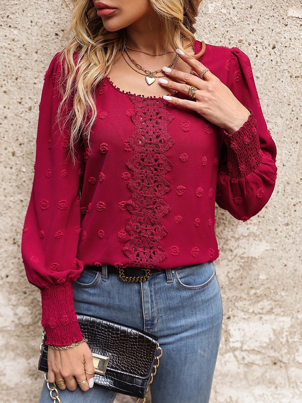 Swiss Dot Lace Panel Puff Sleeve Blouse