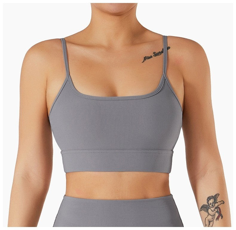 Ribbed Scoop Neck Adjustable Strap Yoga Sports Bra - Gray