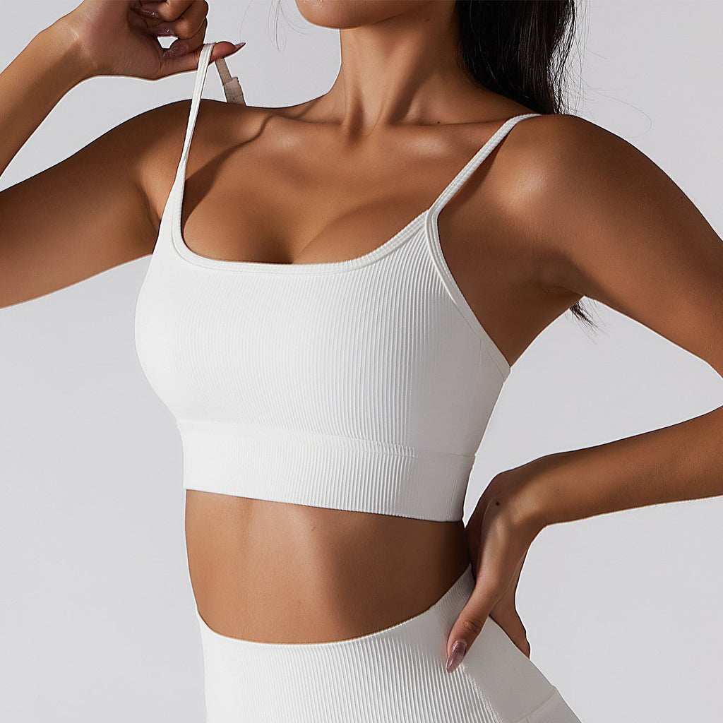 Ribbed Scoop Neck Adjustable Strap Yoga Sports Bra