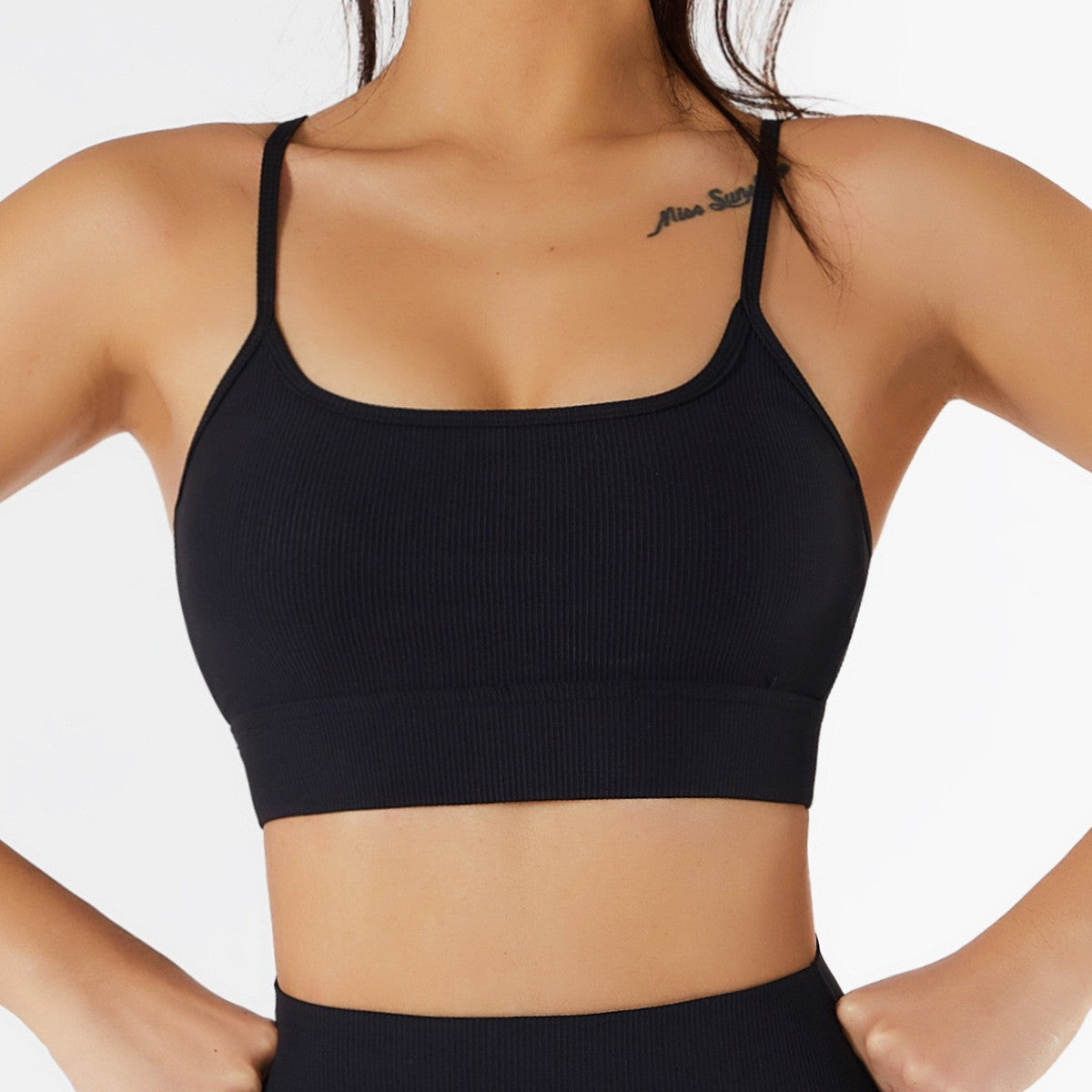 Ribbed Scoop Neck Adjustable Strap Yoga Sports Bra