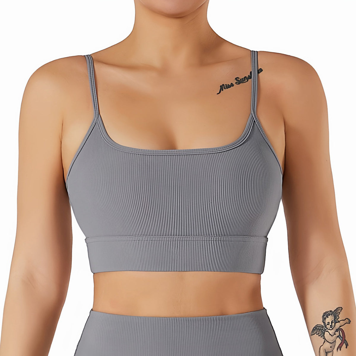 Ribbed Scoop Neck Adjustable Strap Yoga Sports Bra