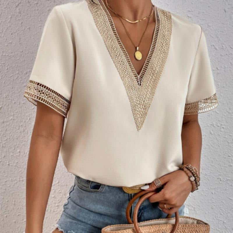 Crochet Trim V-Neck Short Sleeve Tee - Apricot