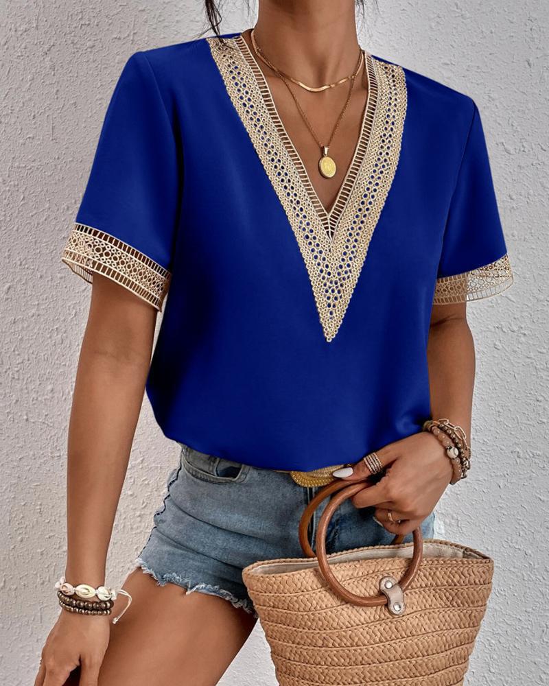 Crochet Trim V-Neck Short Sleeve Tee - DarkBlue