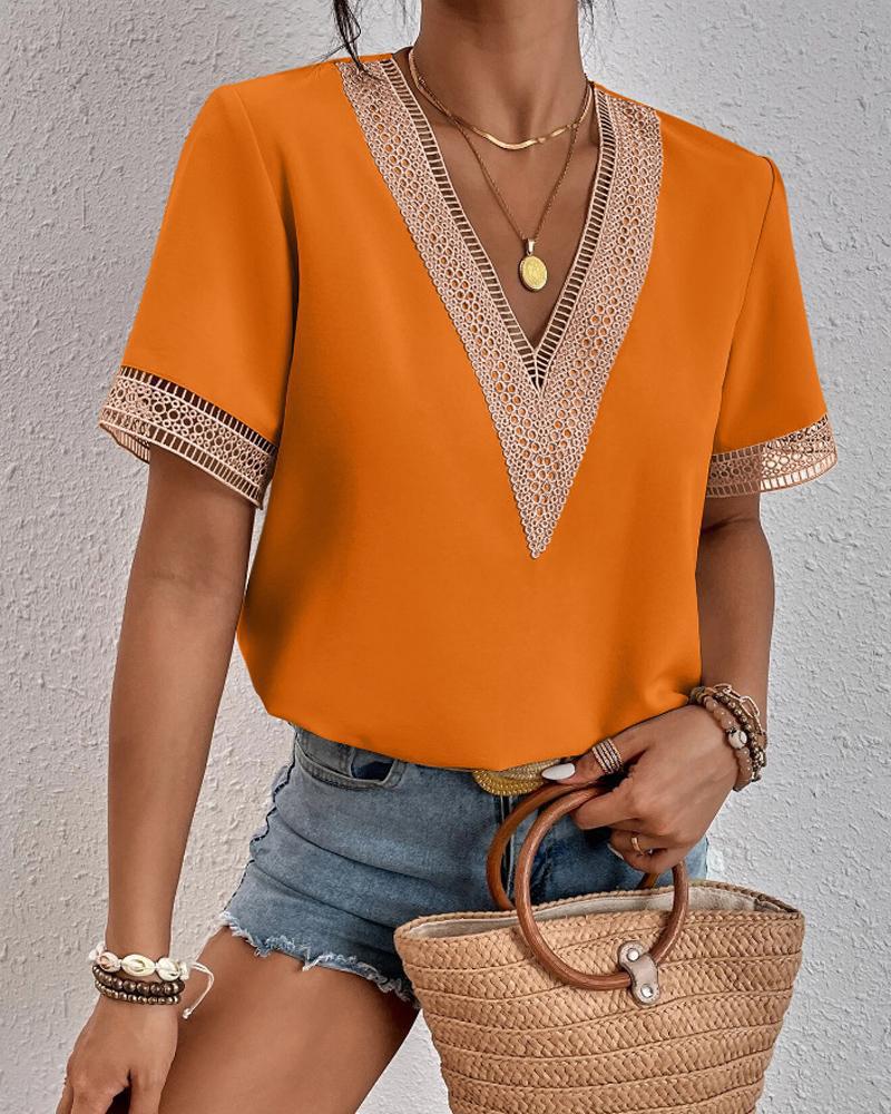 Crochet Trim V-Neck Short Sleeve Tee - Orange