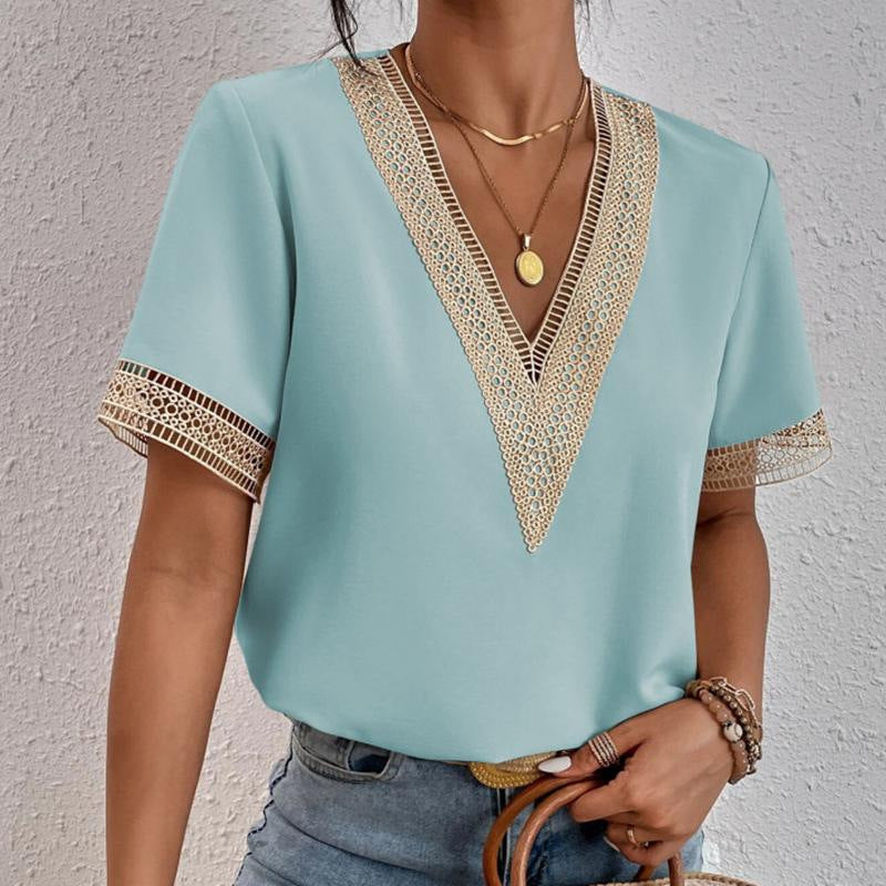 Crochet Trim V-Neck Short Sleeve Tee - blue