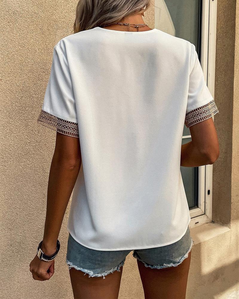 Crochet Trim V-Neck Short Sleeve Tee - view 1