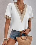 Crochet Trim V-Neck Short Sleeve Tee - white
