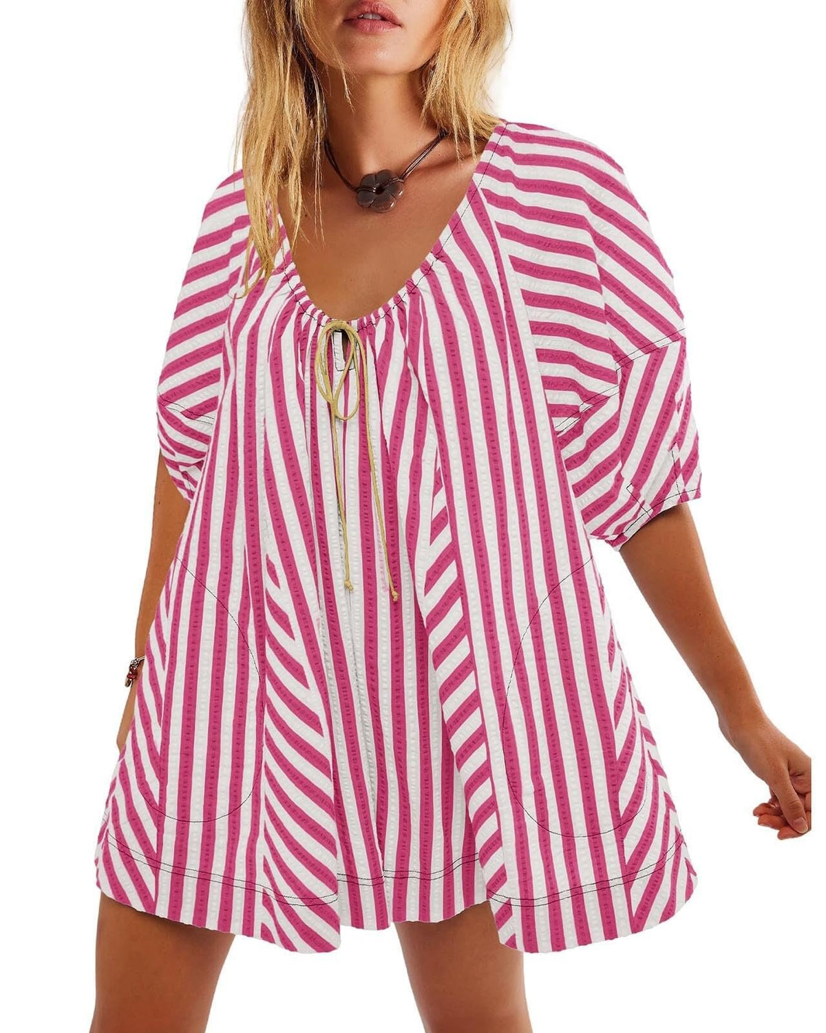 Striped Puff Sleeve Wide Leg Jumpsuit - Red