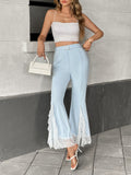 Lace Trim Split Hem Flare Trousers - Blue