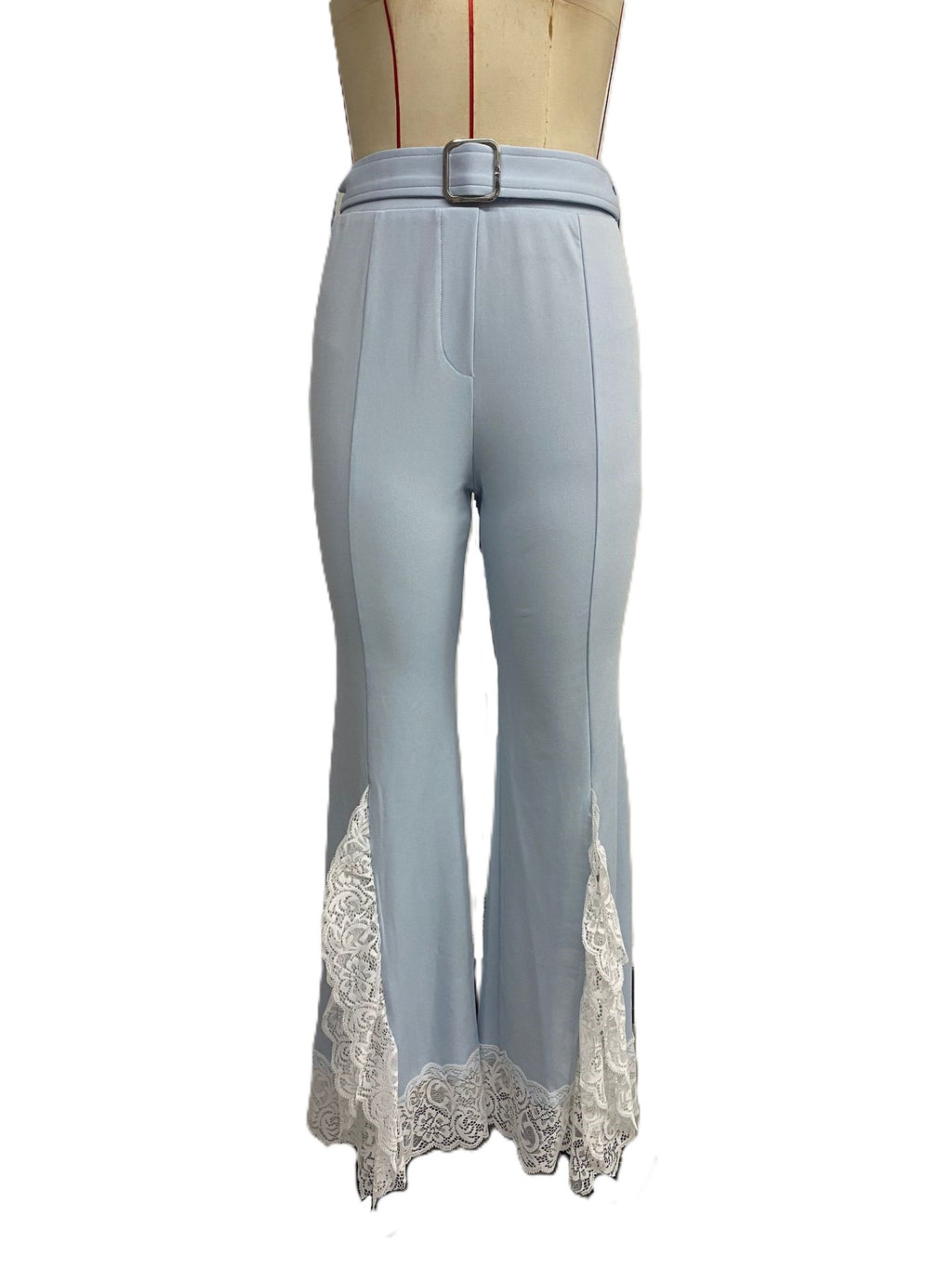Lace Trim Split Hem Flare Trousers - Blue - 1