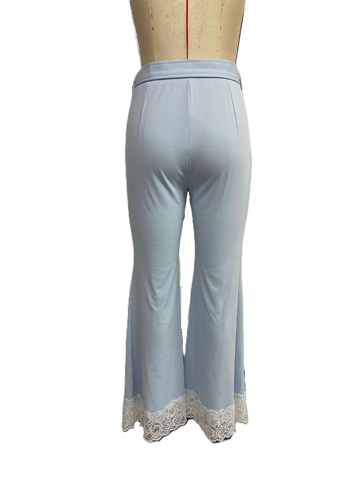 Lace Trim Split Hem Flare Trousers - Blue - 2