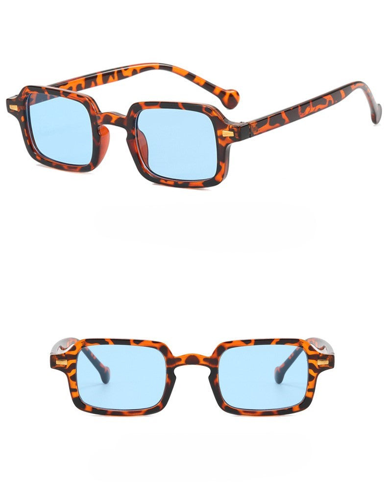 Narrow Square Frame Sunglasses With Rivets - Blue - 1
